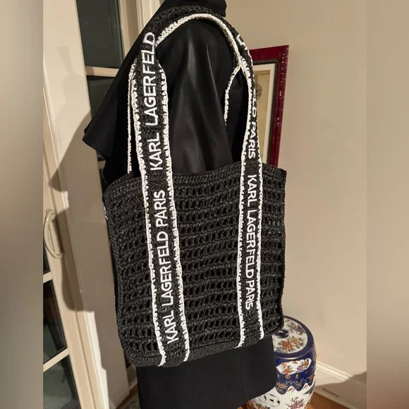 Karl Lagerfeld Black Tote with White Logo Straps - Picture 2 of 5